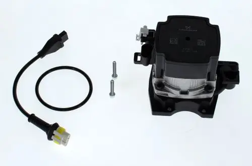 Bosch Pumpe mit elektromagnetischem Anschluß, Kabel und zwei Schrauben für die Montage, angeordnet auf einem hellen Hintergrund.